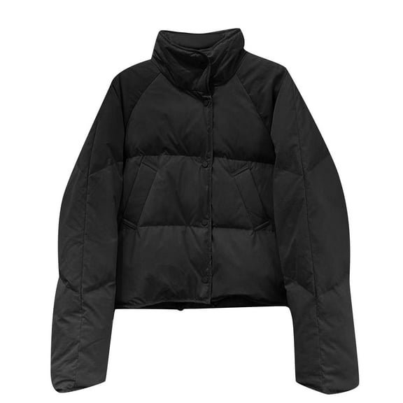 HAPIMO Winter Cropped Puffer Jacket for Women Zip Up Lapel Bread Coat Solid Color Warm Trendy Quilted Puffer Coats Black XL