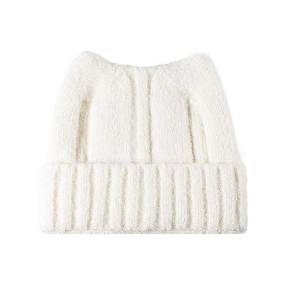 HAPIMO Winter Hats for Women Men Cat Ear Beanie Wool Knit Hats Thickened Warm Beanie Winter Headwear Knit Cuffed Hat White Free Size
