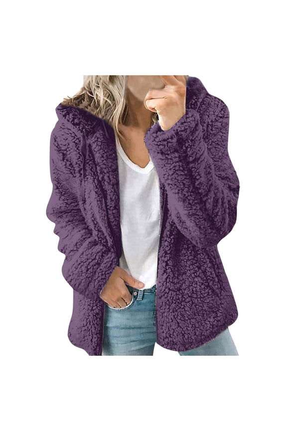 Winter Sherpa Coats for Women Padded Fuzzy Fleece Zipper Jacket Long Sleeve Womens Warm Hoodie Drawstring Outwear Casual Comfy Girls Fall Fashion Purple S
