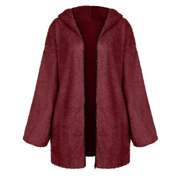 HAPIMO Winter Sherpa Coats for Women Solid Open Front Padded Jacket Girls Fall Fashion Tops Casual Comfy Long Sleeve Womens Faux Lambwool Hoodie Outwear Wine S