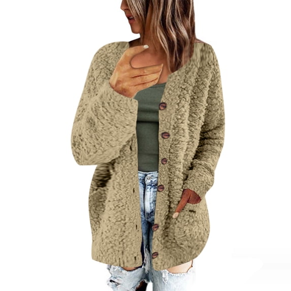 HAPIMO Winter Soft Fleece Jacket Cardigan for Women Pocket Open Front Button Teen Girls Solid Color Fashion Holiday Casual Relaxed Elegant Long Sleeve Outwear Clothing Beige L