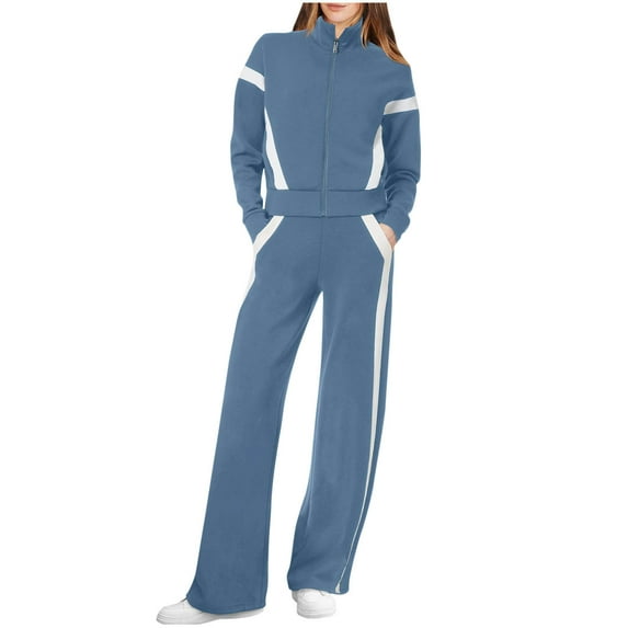 HAPIMO Women 2 Piece Outfits Color Block Sweatsuit Casual Fleece Matching Sets Sweatshirts Pockets Tracksuits Discount Blue M