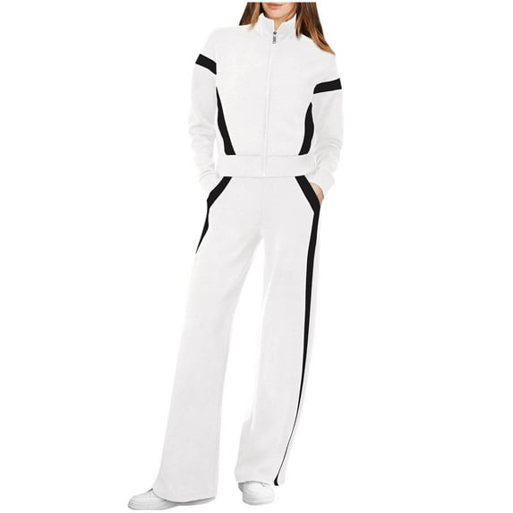 HAPIMO Women 2 Piece Outfits Color Block Sweatsuit Casual Fleece Matching Sets Sweatshirts Pockets Tracksuits White XXL