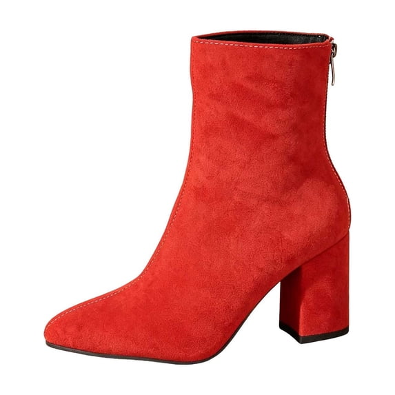 HAPIMO Women Ankle Boots Pointed Toe Block Heel Rear Zip Suede‑like Upper Footwear For Office Working And Casual Night Out Sessions Red 43