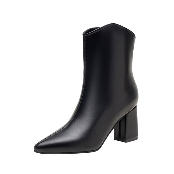 HAPIMO Women Ankle Boots Pointed Toe Chunky Block Heel V‑shaped Top Opening Zipper Faux Leather For Dating Dinner And Daily City Outings Black 42
