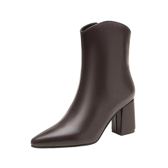 HAPIMO Women Ankle Boots Pointed Toe Chunky Block Heel V‑shaped Top Opening Zipper Faux Leather For Dating Dinner And Daily City Outings Brown 36