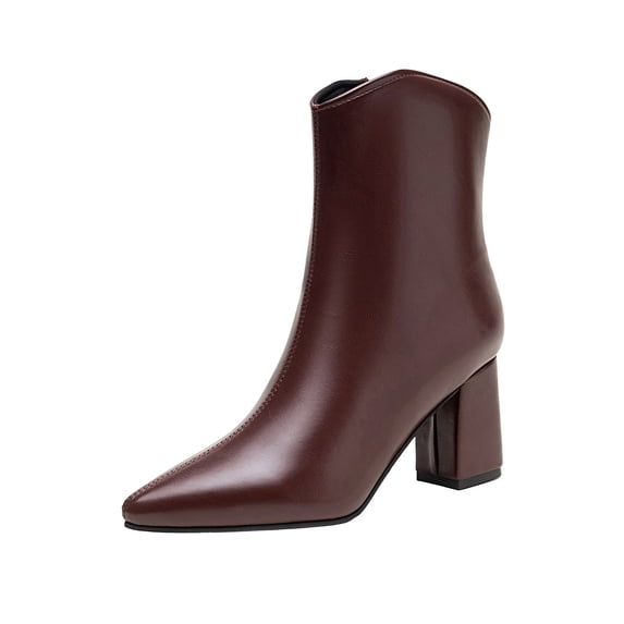 HAPIMO Women Ankle Boots Pointed Toe Chunky Block Heel V‑shaped Top Opening Zipper Faux Leather For Dating Dinner And Daily City Outings Wine 37