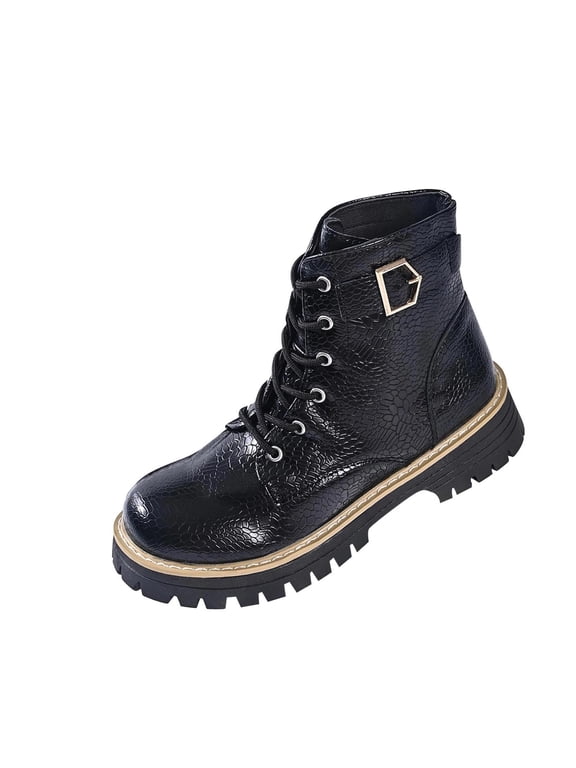 Women Ankle Boots Round Toe Lace‑up Sole Buckle Decor Croc Pattern Faux Leather Footwear For Street Fashion And Night Out Black 40