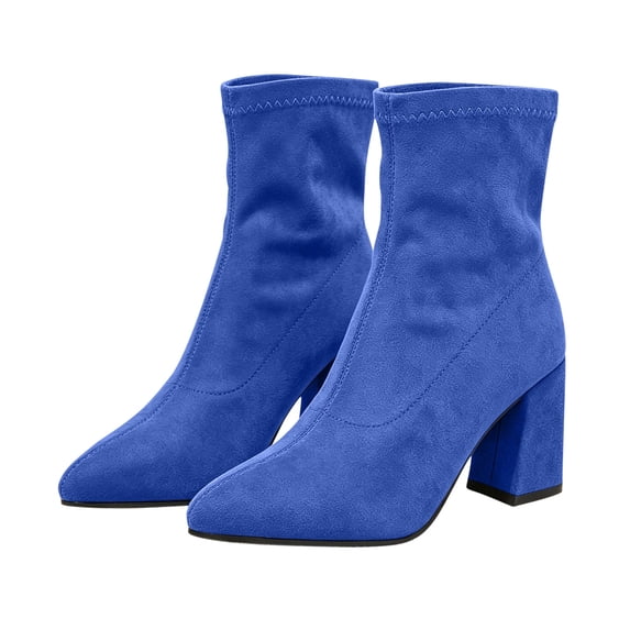 HAPIMO Women Ankle Sock Boots Pointed Toe Chunky Block Heel Stretch Shaft Pull‑on Suede‑like Upper For Formal Banquet And Night Social Occasions Blue 41