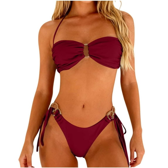 HAPIMO Women Bikini Swimsuits 2 Piece Bathing Suit Hawaiian Tropical Beachwear Halter Triangle Tops with Bottom Summer Seaside Clothes for Girls Wine L
