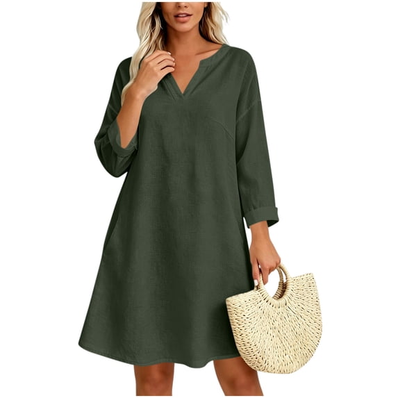 HAPIMO Women Casual Dress With V Neck Three Quarter Sleeves Side Pockets For Beach And Daily Wear Army Green S
