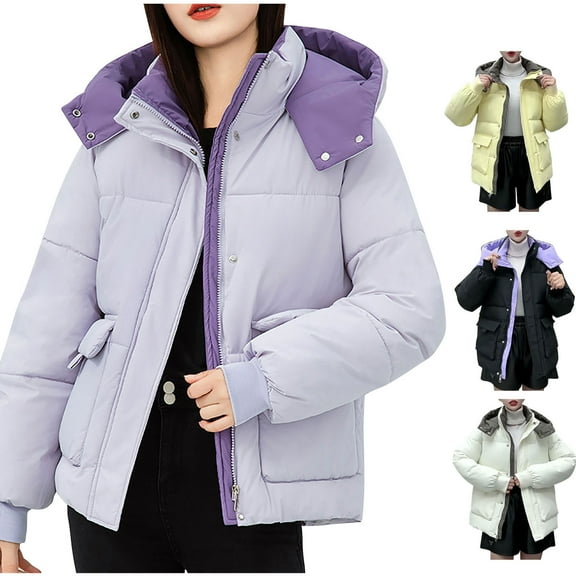HAPIMO Women Cotton Padded Jacket Winter Thick Hooded Puffer Jackets Casual Streetwear Short Parkas Outwear Fleece Pockets Coats Black L