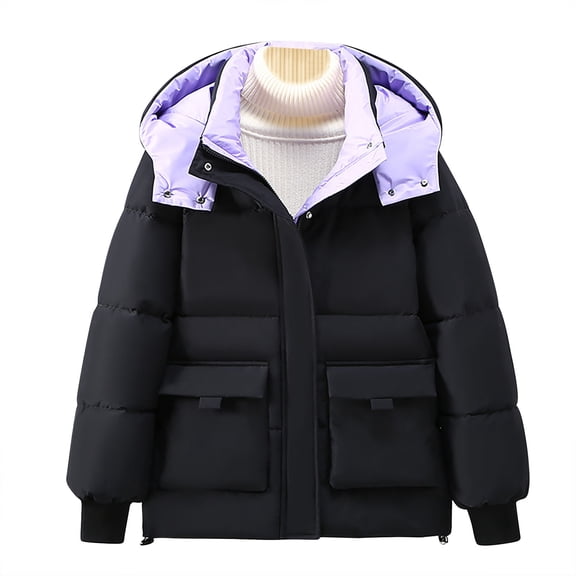 HAPIMO Women Cotton Padded Jacket Winter Thick Hooded Puffer Jackets Casual Streetwear Short Parkas Outwear Fleece Pockets Coats Black M