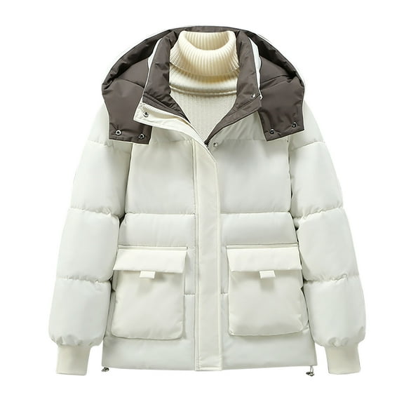 HAPIMO Women Cotton Padded Jacket Winter Thick Hooded Puffer Jackets Casual Streetwear Short Parkas Outwear Fleece Pockets Coats White M