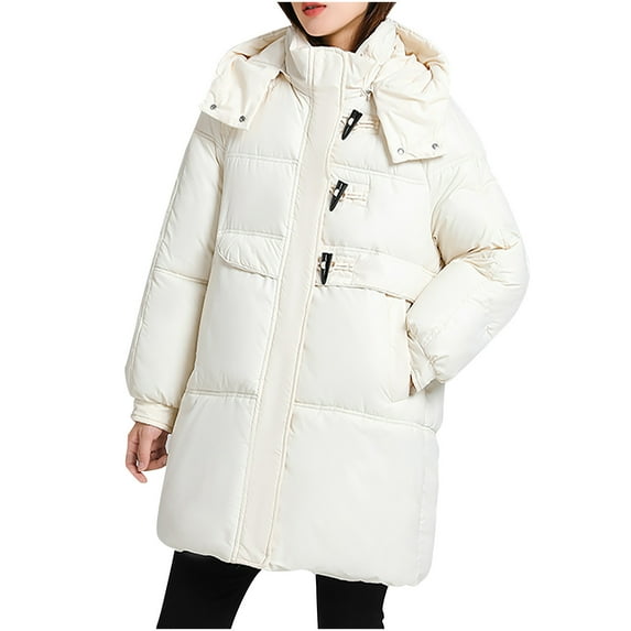 HAPIMO Women Down Puffer Jacket with Hood,Hooded Zipper Winter Down Puffer Coat for Women Horn Button Thick Quilted Outerwear Pockets White XL