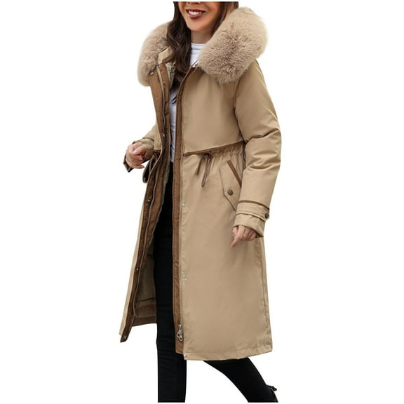 HAPIMO Women Faux Leather Trench Coat Fleece-Lined Mid-Length Jacket with Fur Collar Cotton Outwear Pockets Winter Workout Zipper Yellow M