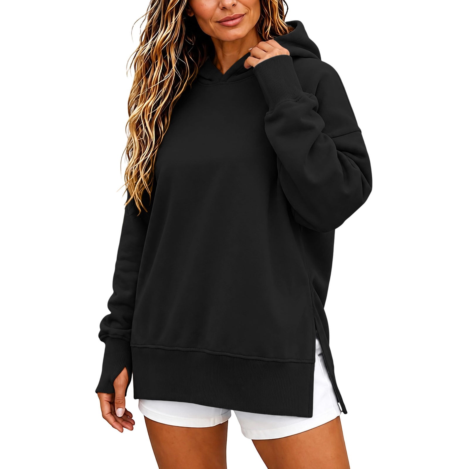 HAPIMO Women Hooded Sweatshirt Long Sleeve Pullover Side Slit Thumb ...