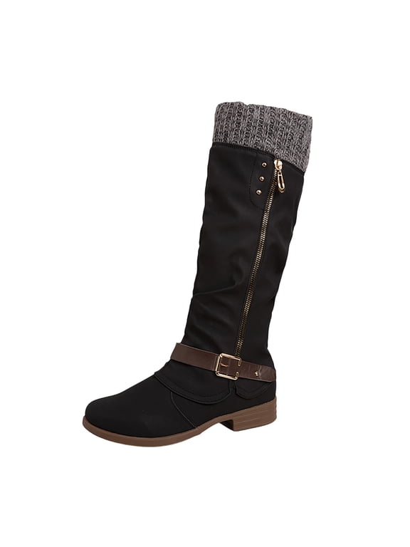 Women Knee High Boots Knitted Cuff Buckle Strap Side Zipper Soft Upper Footwear For Cool Season Walking And Weekend Trip Black 39