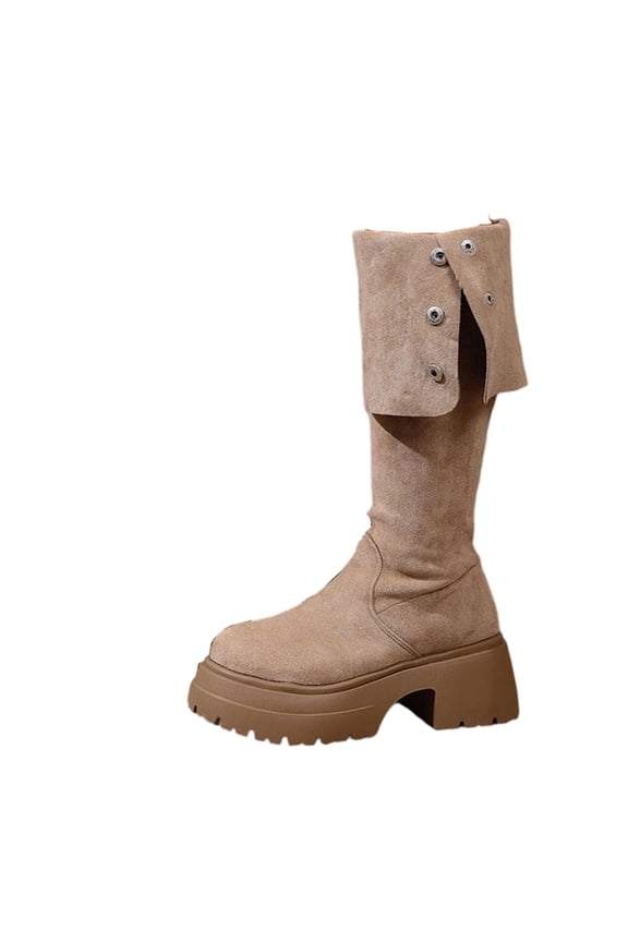 Women Knee High Boots Round Toe Sole Flip Cuff Metal Snap Buttons Suede‑like Upper For Street Show And Cool‑season City Travelling Khaki 36