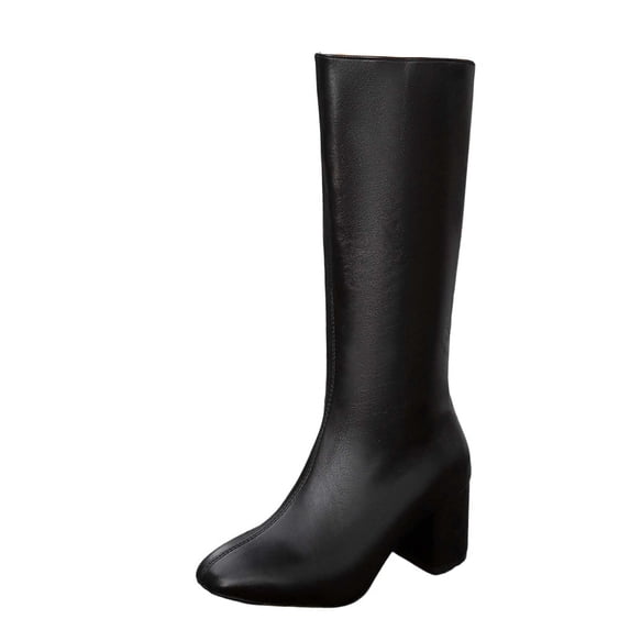 HAPIMO Women Knee High Boots Square Toe Block Heel Straight Shaft Faux Leather Upper For Evening Gathering And Urban Fashion Outfits Black 36