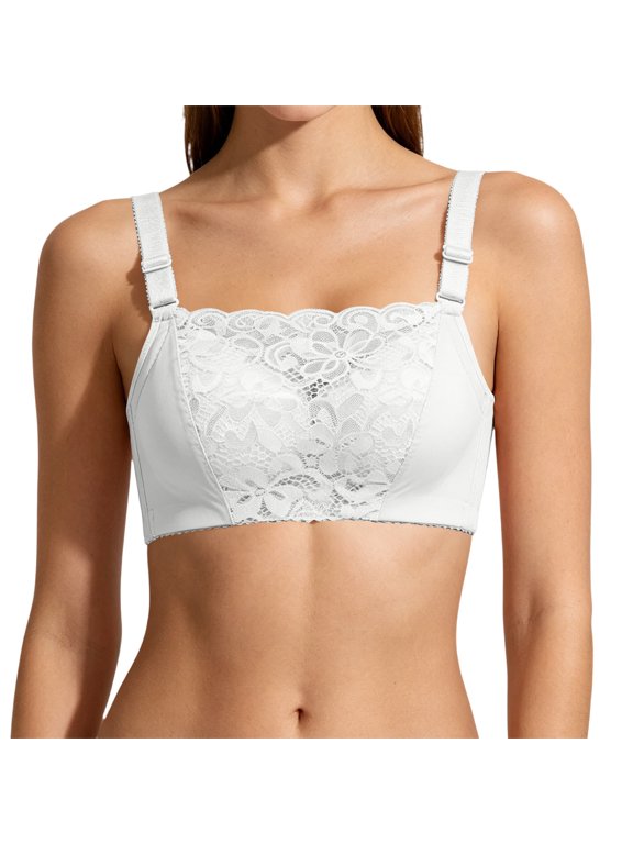 Women Lace Bandeau Bra Square Neckline Adjustable Straps Sheer Panel For Modest And Casual Looks White 34