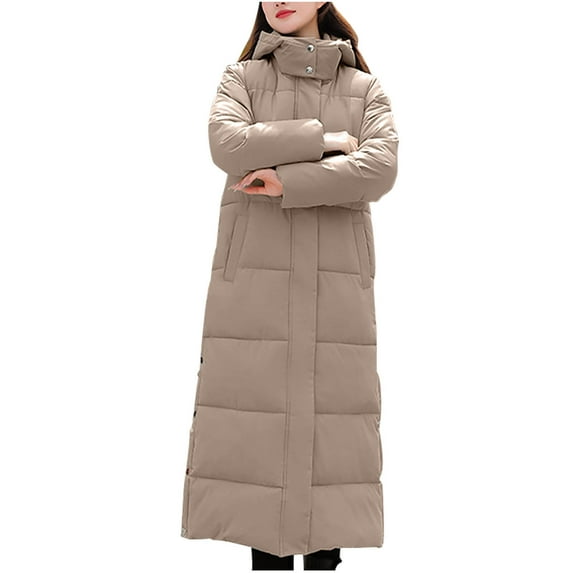 HAPIMO Women Long Quilted Coat Maxi Length Long Sleeve Puffer Jacket Solid Hooded Padded Coats Thick Warm Winter Outerwear Pockets Button Yellow XXXL