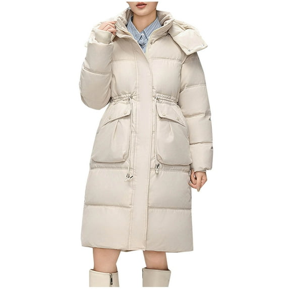 HAPIMO Women Long Quilted Coat Maxi Length Long Sleeve Puffer Jacket Solid Hooded Padded Coats Thick Warm Winter Outerwear Pockets White L