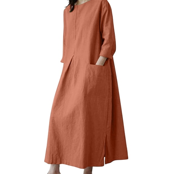 HAPIMO Women Maxi Dress With Crew Neck Large Pockets Loose For Loungewear And Casual Home Wear Red XXXL