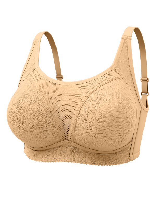 Women Mesh Breathable Leaf Pattern Sports Bra For Workout And Daily Activities Beige 46