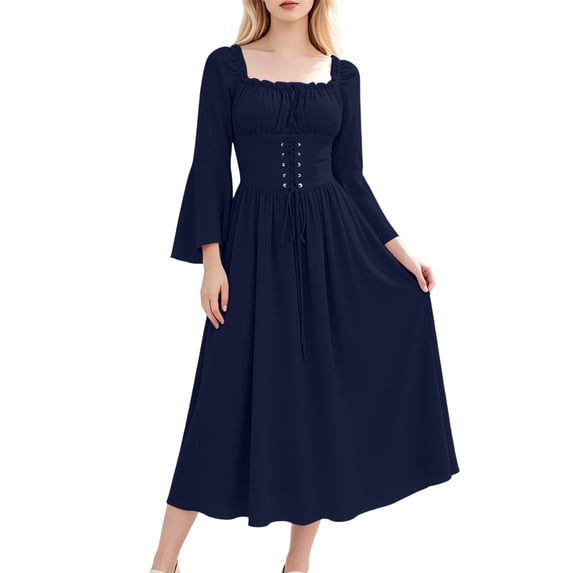 HAPIMO Women Midi Dress With Square Neck Flared Sleeves Lace Up Waist For Date Night And Formal Events Navy XL