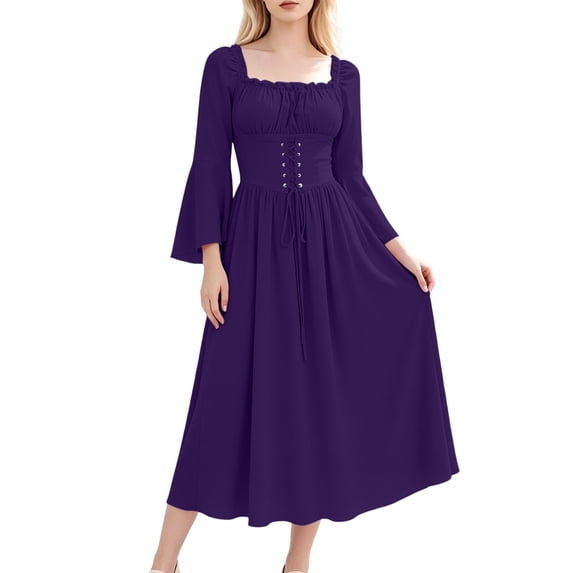HAPIMO Women Midi Dress With Square Neck Flared Sleeves Lace Up Waist For Date Night And Formal Events Purple S