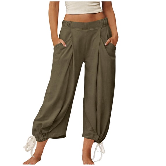 HAPIMO Women Pants Elastic Waist Drawstring Casual Wear Trousers with Pockets Design Army Green L