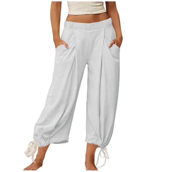 HAPIMO Women Pants Elastic Waist Drawstring Casual Wear Trousers with Pockets Design White M