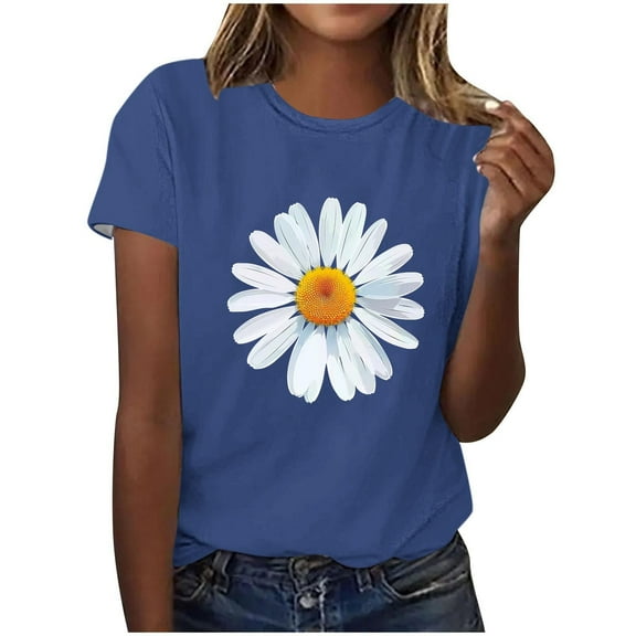 HAPIMO Women' Plus Size Bsaic Tees Crew Neck Tees Flower Graphic Casual Loose Elegant Blouses Summer Tops for Women Fashion Clothes Dressy Tunic Blue M