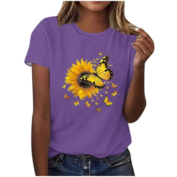 HAPIMO Women' Plus Size Bsaic Tees Crew Neck Tees Flower Graphic Elegant Blouses Fashion Clothes Summer Tops for Women Casual Loose Dressy Tunic Purple M
