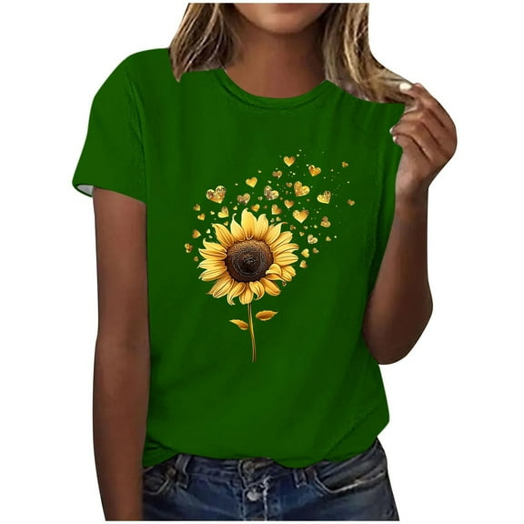 HAPIMO Women' Plus Size Bsaic Tees Round Neck Tees Flower Graphic Elegant Blouses Summer Tops for Women Casual Loose Fashion Clothes Dressy Tunic Green XXXL