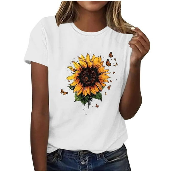 HAPIMO Women' Plus Size Bsaic Tees Round Neck Tees Flower Graphic Fashion Clothes Elegant Blouses Summer Tops for Women Casual Loose Dressy Tunic White M