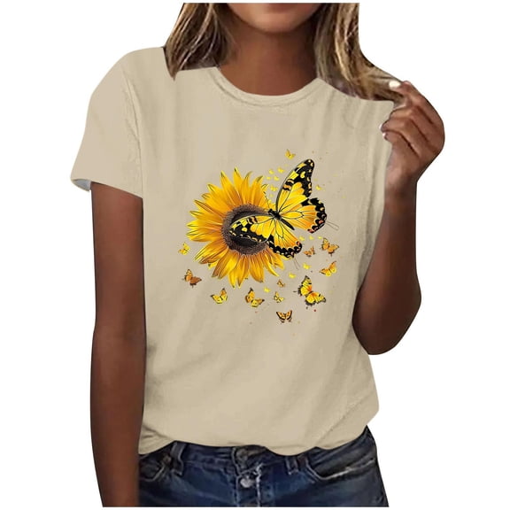 HAPIMO Women' Plus Size Casual Loose Flower Graphic Bsaic Tees Elegant Blouses Crew Neck Tees Summer Tops for Women Fashion Clothes Dressy Tunic Beige XXXL