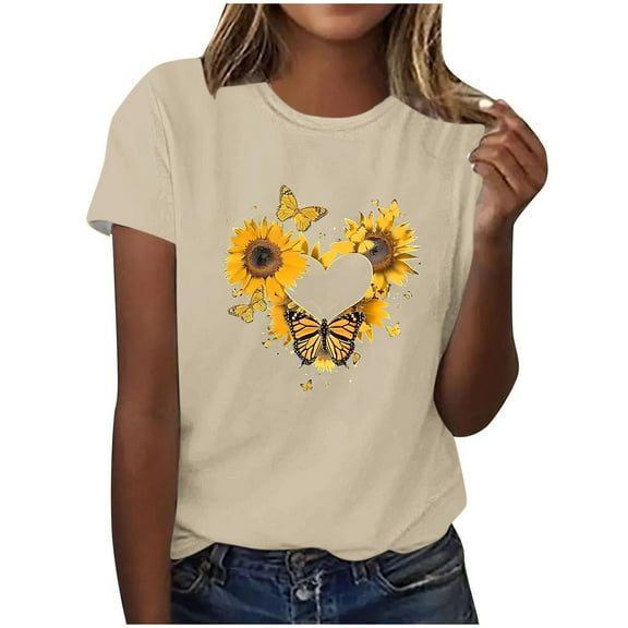 HAPIMO Women' Plus Size Casual Loose Flower Graphic Bsaic Tees Elegant Blouses Fashion Clothes Summer Tops for Women Crew Neck Tees Dressy Tunic Beige S