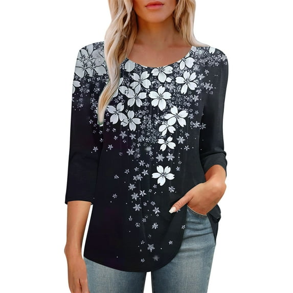 HAPIMO Women' Plus Size Casual Loose Flower Print Tops Elegant Pleated Blouses Crew Neck Tees Summer Tops for Women Fashion Clothes Flowy Dressy Tunic Multicolor M