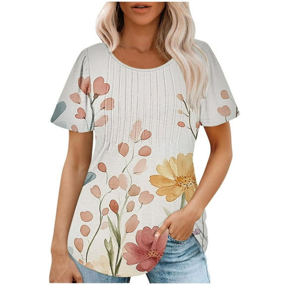 HAPIMO Women' Plus Size Casual Loose Flower Print Tops Elegant Pleated Blouses Round Neck Tees Fashion Clothes Flowy Summer Tops for Women Dressy Tunic Pink XL