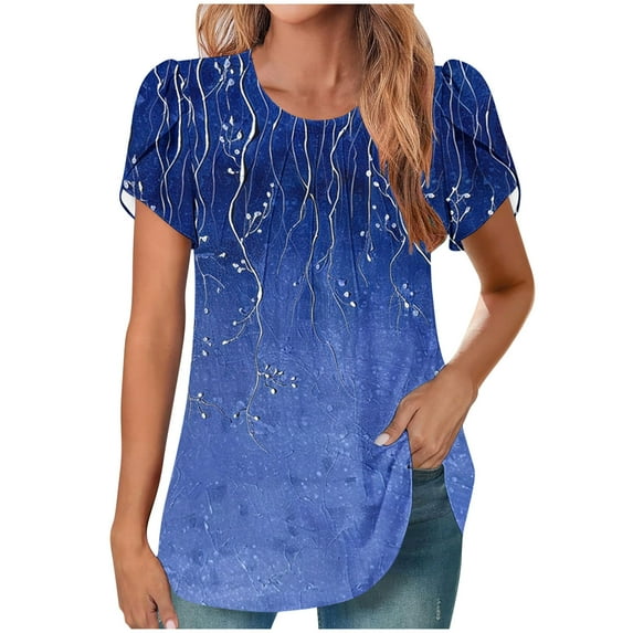HAPIMO Women' Plus Size Casual Loose Flower Print Tops Elegant Pleated Blouses Summer Tops for Women Flowy Round Neck Tees Fashion Clothes Dressy Tunic Dark Blue XXL