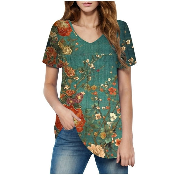 HAPIMO Women' Plus Size Casual Loose Flower Print Tops Flowy V-Neck Tees Fashion Clothes Summer Tops for Women Elegant Blouses Dressy Tunic Multicolor M