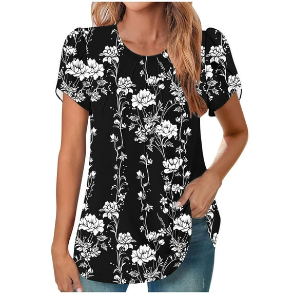 HAPIMO Women' Plus Size Casual Loose Flower Print Tops Summer Tops for Women Elegant Pleated Blouses Crew Neck Tees Fashion Clothes Flowy Dressy Tunic Multicolor XL