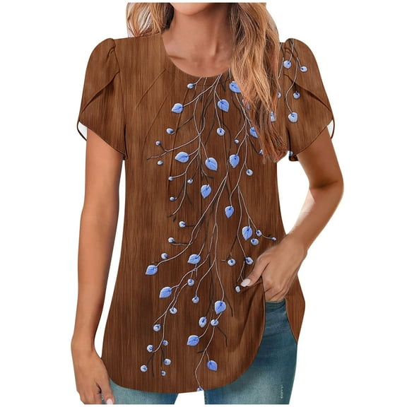 HAPIMO Women' Plus Size Casual Loose Flower Print Tops Summer Tops for Women Elegant Pleated Blouses Fashion Clothes Crew Neck Tees Flowy Dressy Tunic Multicolor S
