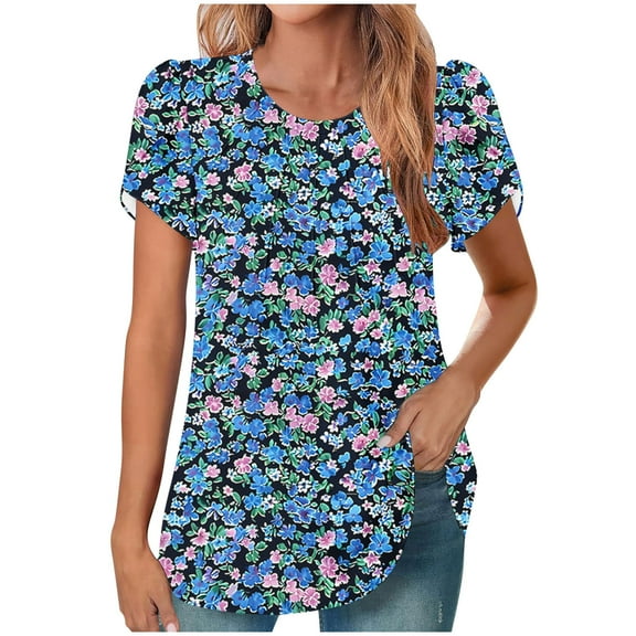 HAPIMO Women' Plus Size Casual Loose Flower Print Tops Summer Tops for Women Fashion Clothes Crew Neck Tees Flowy Elegant Pleated Blouses Dressy Tunic Multicolor S