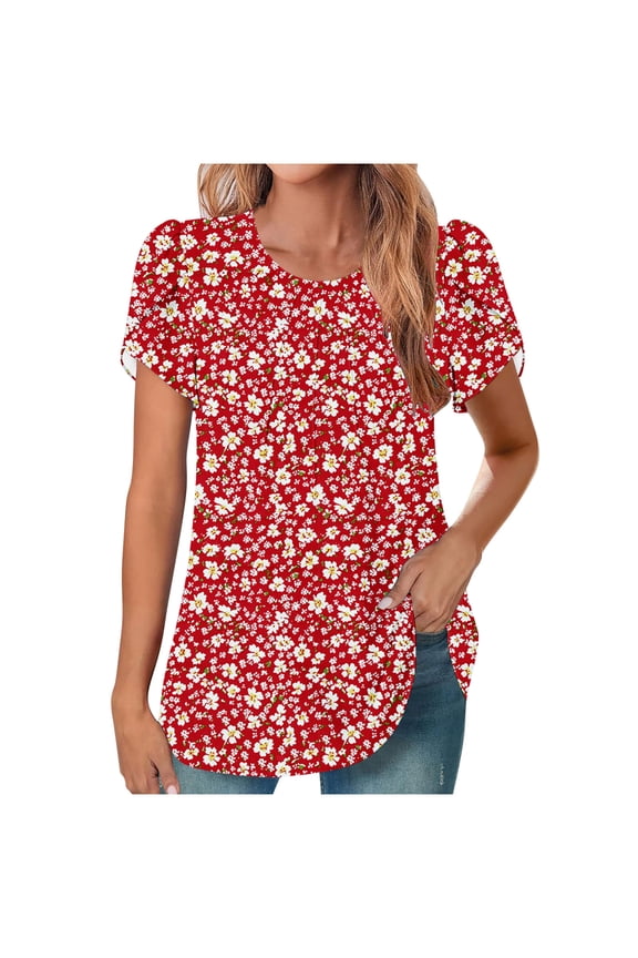 Women' Plus Size Casual Loose Flower Print Tops Summer Tops for Women Flowy Elegant Pleated Blouses Round Neck Tees Fashion Clothes Dressy Tunic Multicolor L