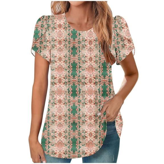 HAPIMO Women' Plus Size Casual Loose Flower Print Tops Summer Tops for Women Flowy Fashion Clothes Elegant Pleated Blouses Crew Neck Tees Dressy Tunic Multicolor L