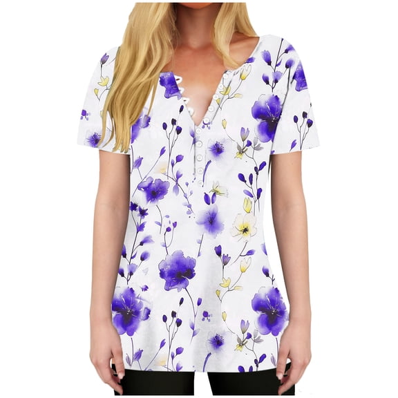 HAPIMO Women' Plus Size Casual Loose Flower Print Tops V-Neck Tees Fashion Clothes Elegant Blouses Flowy Summer Tops for Women Dressy Tunic Purple S
