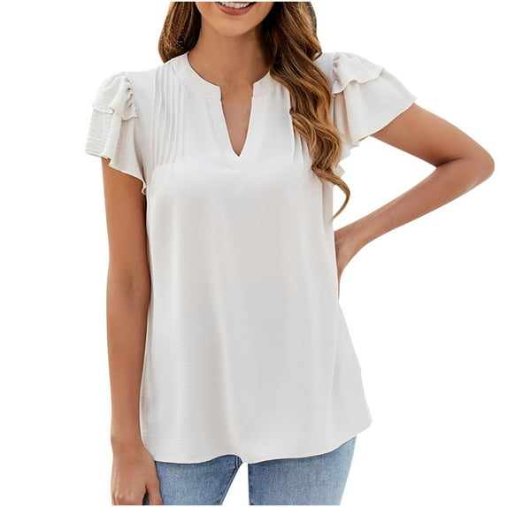 HAPIMO Women' Plus Size Casual Loose Solid Color V-Neck Tees Elegant Pleated Blouses Fashion Clothes Flowy Summer Tops for Women Dressy Tunic Khaki M